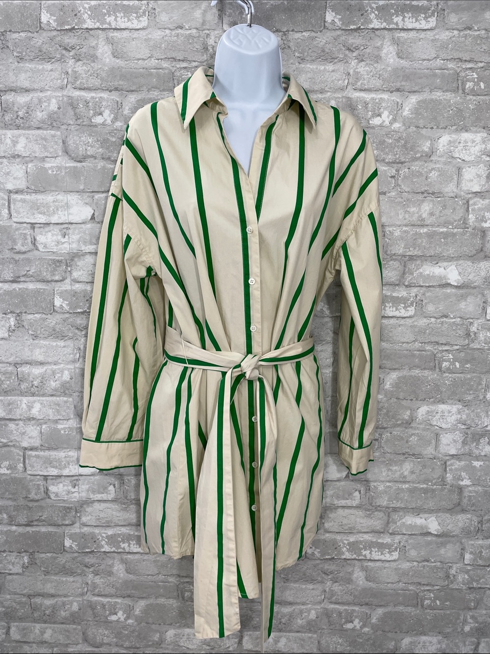 GREY LAB Cream and Green Striped Shirt Dress with Tie Waist